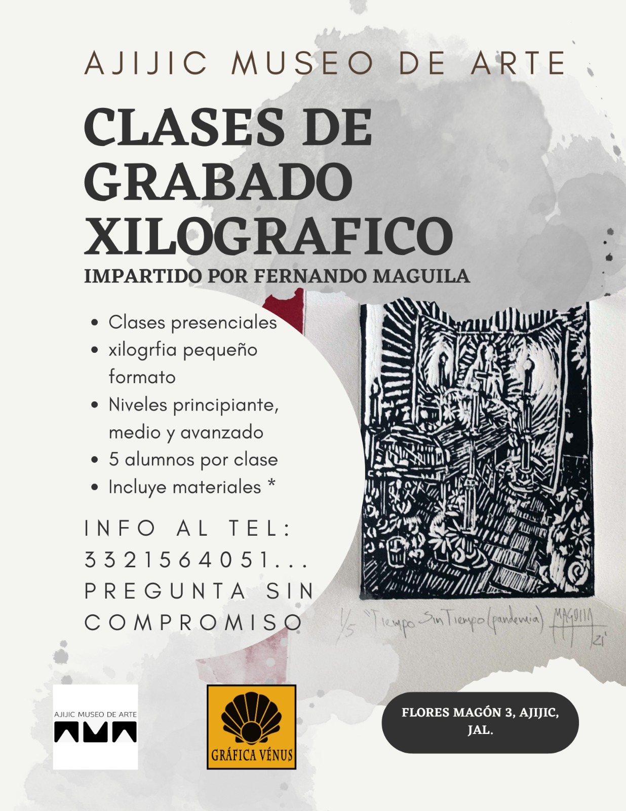 Flyer de clases de grabado xilográfico impartidas por Fernando M. Águila en el Ajijic Museo de Arte
