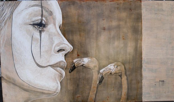 Arlequin rostro mujer, work by Fernando M. Águila — acrylic on canvas