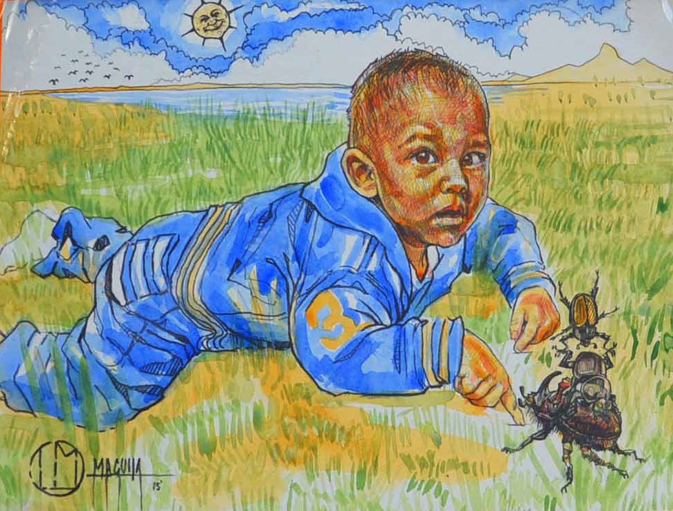 Domador de escarabajos, work by Fernando M. Águila — watercolor and ink on paper
