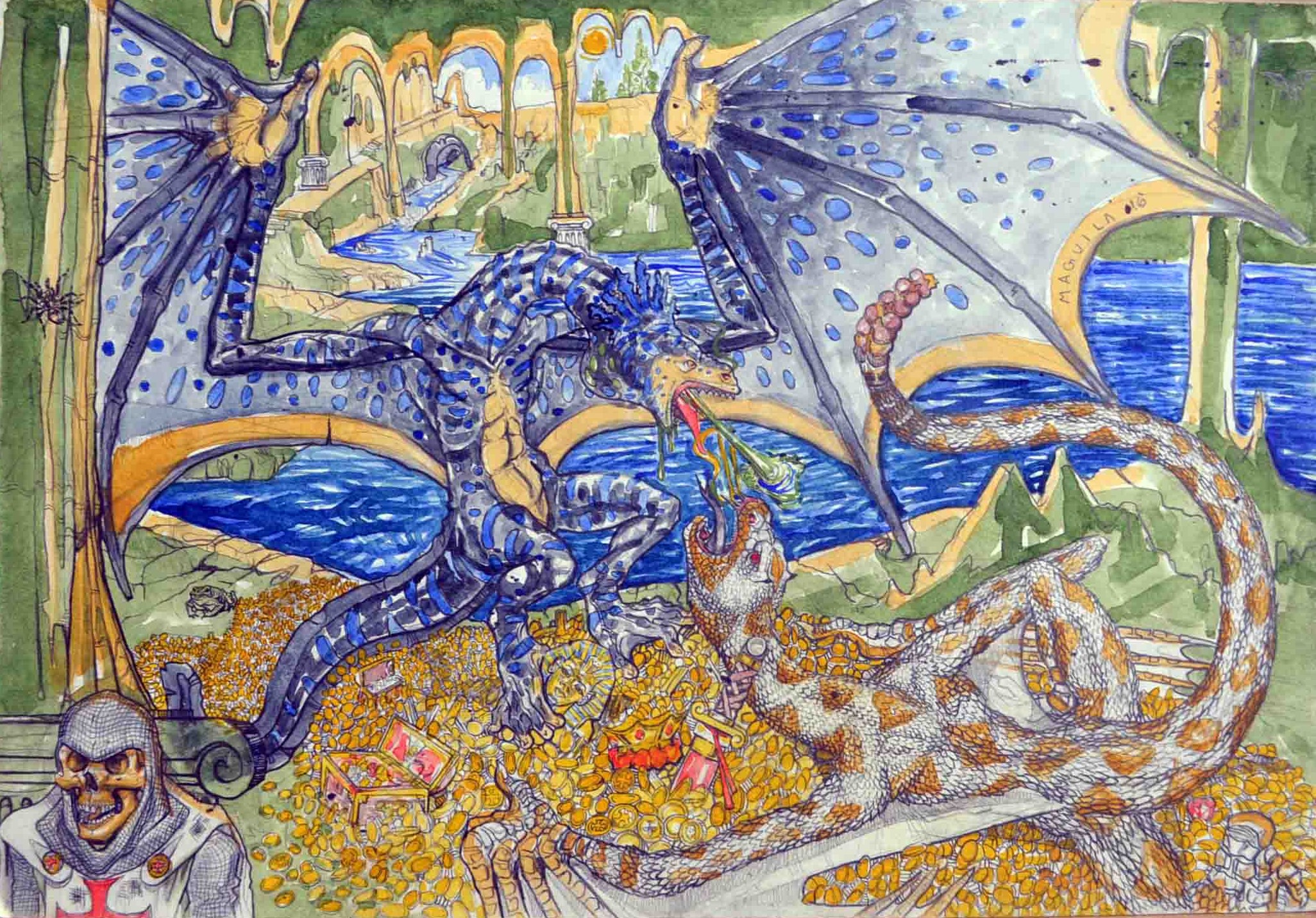 Dos dragones, work by Fernando M. Águila — watercolor and ink on paper