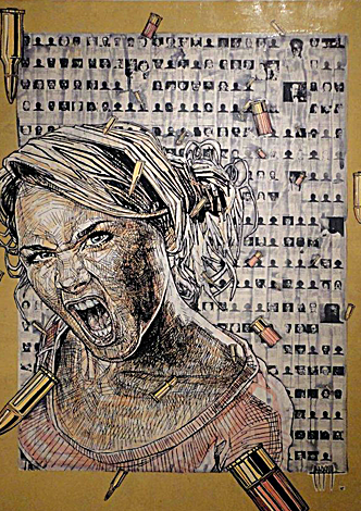 Lluvia de plomo, work by Fernando M. Águila — collage and inks on paper