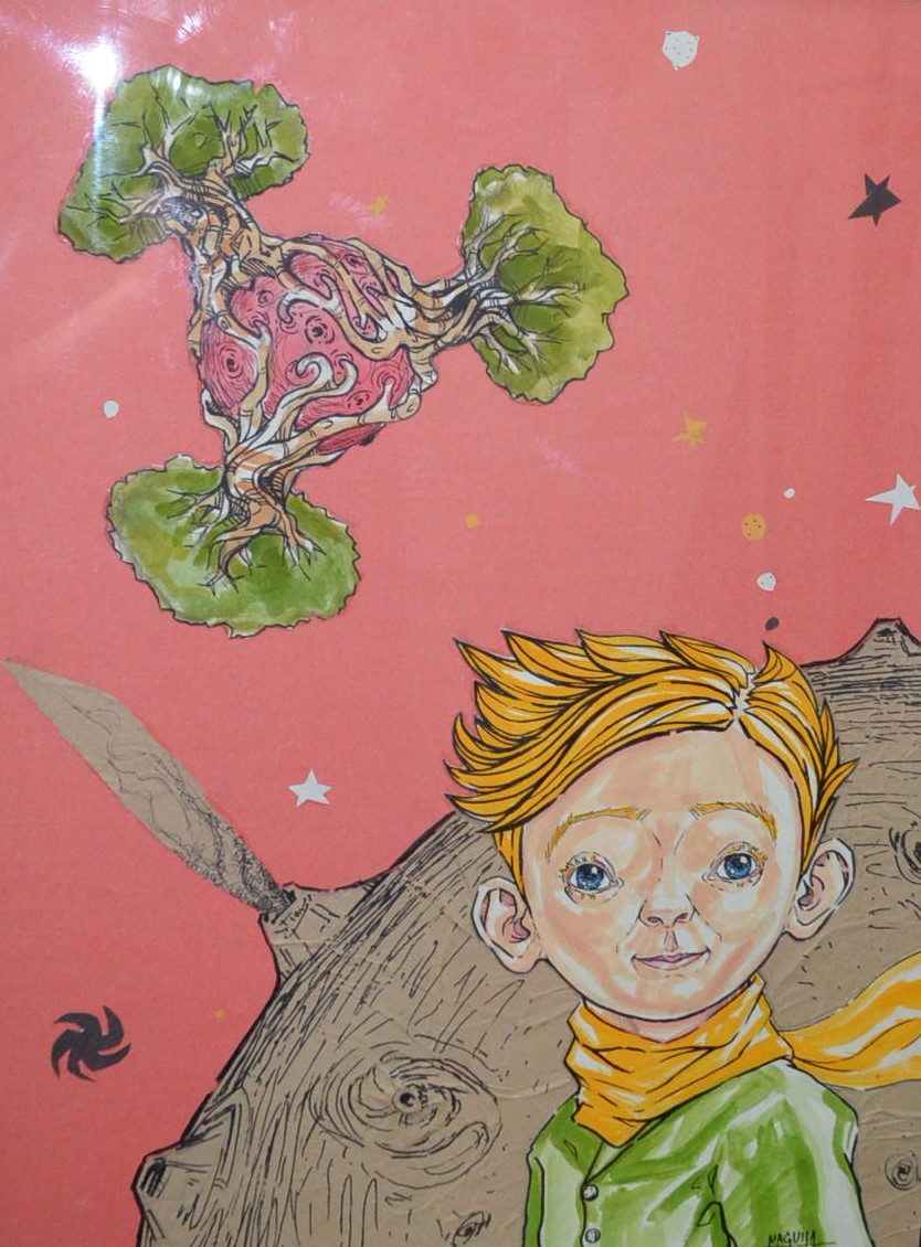 Prince and trees, work by Fernando M. Águila — collage and inks on paper