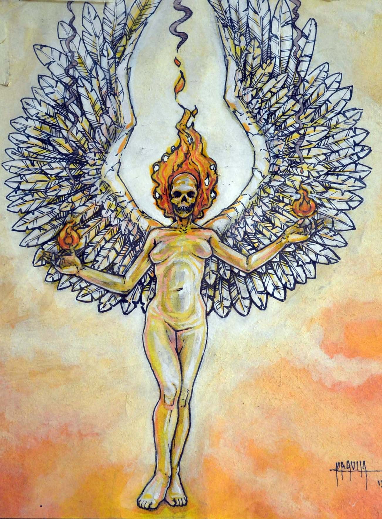 Ruidos en el cielo, work by Fernando M. Águila — gouache and ink on paper
