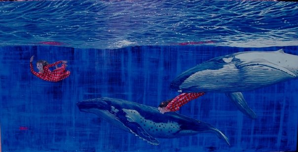 Arlequines y Ballenas by M. Águila, mixed media on canvas, 90 x 120 cm