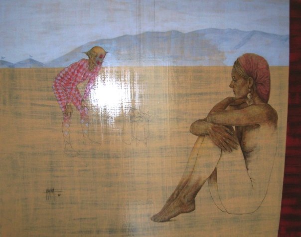 Calé II by Fernando M. Águila, harlequin and female figure in a landscape